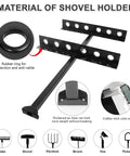 Diagram showing Heavy Duty Shovel Holder For Truck And Trailer, 6 Tool Holes, rubber grommets, and features with illustrations.
