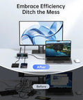 Image showing before and after using All In One 13-In-1 Laptop Docking Station Plug And Play Ready With 2.26 Inch LCD Display, 160W Max Output, Dual 4K HDMI, 10Gbps USB C And USB A Ports, Gigabit Ethernet, 100W PD Charging For MacBook Dell HP Lenovo And More.