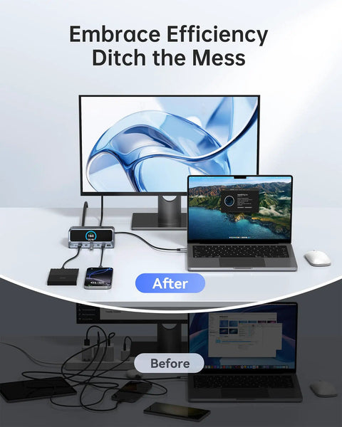 Image showing before and after using All In One 13-In-1 Laptop Docking Station Plug And Play Ready With 2.26 Inch LCD Display, 160W Max Output, Dual 4K HDMI, 10Gbps USB C And USB A Ports, Gigabit Ethernet, 100W PD Charging For MacBook Dell HP Lenovo And More.