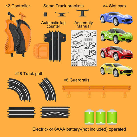 Epic Slot Car Track Set With Four Fast Cars Battery Or Electric Power Dual Lap Counter Circular Overpass Raceway components