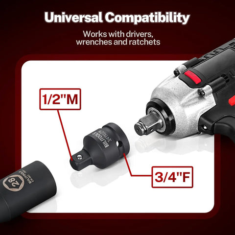 Impact drill with adapters from 17 Piece Socket Adapter Set With Reducers And Universal Joint, showcasing 1/2"M to 3/4"F connection.