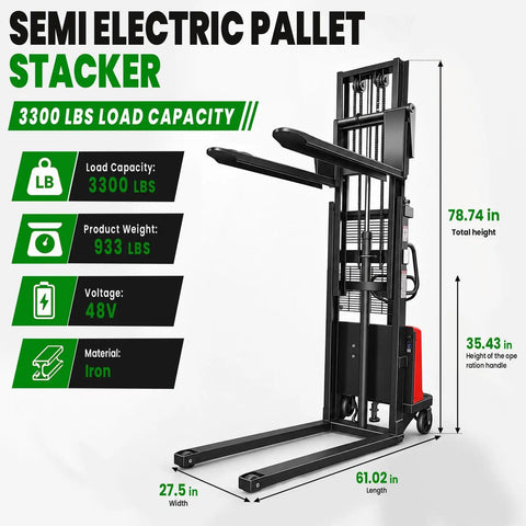 Heavy Duty Electric Pallet Stacker With 3300 Lbs Lift Cap And Nearly 99 Inch Max Height For Tough Warehouse Jobs, showcasing dimensions and features.
