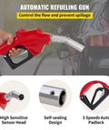 Heavy Duty Retractable Fuel Hose Reel With No Sweat Auto Refueling Gun For Diesel Gasoline And Water 66 Ft Self Coiling Dispenser close-up of automatic refueling gun in use.