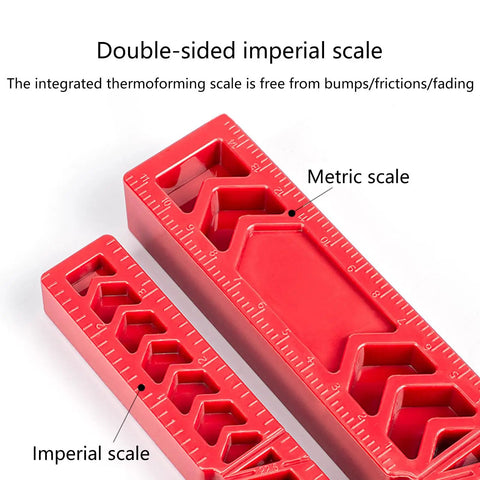 Four Inch 90 Degree Angle Finder Square With Easy To Read Double Sided Scale showing red ABS layout tool with imperial and metric scales.