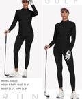 Model in Women's Long Sleeve Quarter Zip Stand Collar Athletic Shirt With Moisture Wicking Tech For Golf Tennis Training And Everyday Wear Black XL holding a golf club