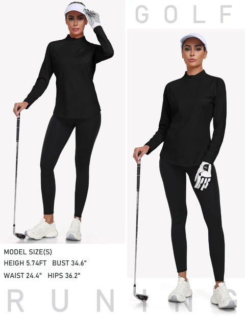 Model in Women's Long Sleeve Quarter Zip Stand Collar Athletic Shirt With Moisture Wicking Tech For Golf Tennis Training And Everyday Wear Black XL holding a golf club