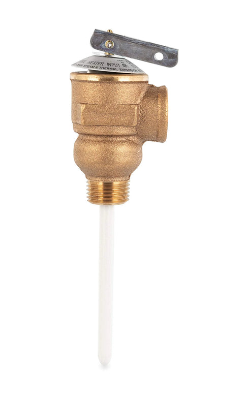 Camco 10423 temperature and pressure relief valve with 1/2 in NPT brass body and 4 in epoxy-coated probe, brown