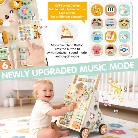 Hella Sturdy Wooden Baby Walker With Ten Interactive Montessori Activities Bead Maze Xylophone And Mirror Completely Legit Push Cart for toddler using buttons.