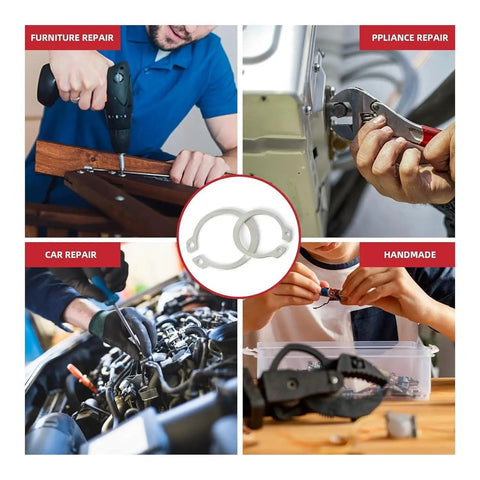 Heavy Duty 225 Piece Stainless Steel External C Clip Set With 15 Sizes From M3 To M25 featuring clips shown in various repair activities.