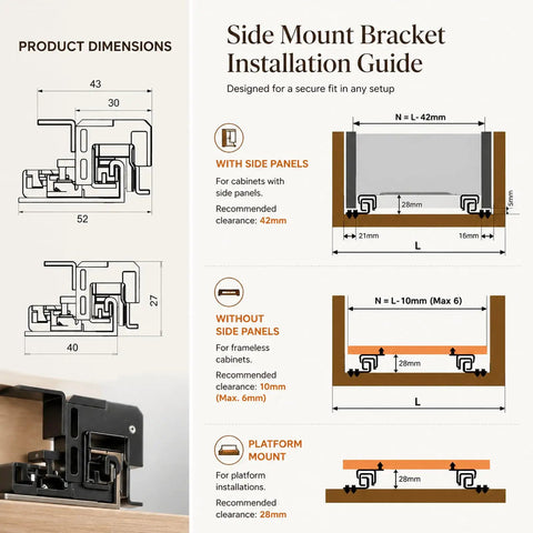 Zinc Plated Drawer Slides With Soft Close Undermount Full Extension Runners For Cabinets And Furniture Quiet Smooth Glide Tough As Nails Heavy Duty Metal Rails Durable Hardware For Long Lasting Performance side mount bracket installation guide with 43mm dimensions