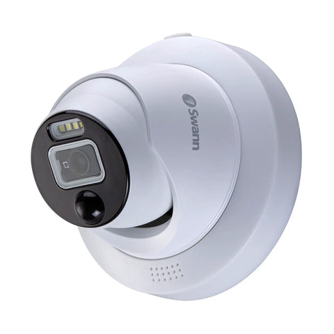 Add-On DVR Dome Security Camera With Sensor Spotlight And Flashing Lights, 4K UHD Video, side view on white background