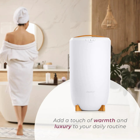 Big Towel Warmer Bucket With Auto Shut Off Four Timer Settings for spa-worthy heat in bathroom, fits two large towels, 20L tub.