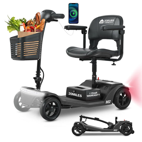 Black M2 mobility scooter with front grocery basket and phone mount on adjustable tiller; folded spare unit shown.