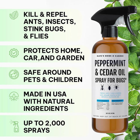 Peppermint Oil Spray For Bugs And Pests Indoor Outdoor Pest Control With Cedar Oil 16oz bottle with label and benefits list
