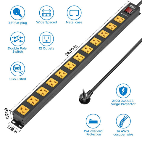 12 Outlet Heavy Duty Power Strip With 15 Foot Cord 15 Amp 125V 1875W All Metal Aluminum Housing Grounded UL Listed