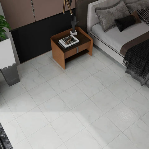 Bedroom view with Off White Marble Peel And Stick Vinyl Floor Tiles 12x12 Waterproof Self Adhesive 24 Pack White Flooring Sheets.
