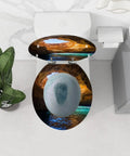 Laid Back Tropical Paradise Round Resin Toilet Seat Cover With Smooth Slow Close Action And Snappy Quick Release Hinges For Effortless Cleanup And A Tight Seal On Standard American Bathrooms, viewed from above, showing vivid island scene.