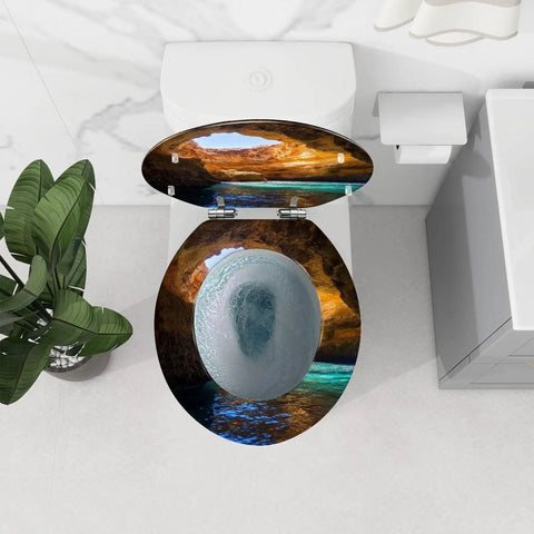 Laid Back Tropical Paradise Round Resin Toilet Seat Cover With Smooth Slow Close Action And Snappy Quick Release Hinges For Effortless Cleanup And A Tight Seal On Standard American Bathrooms, viewed from above, showing vivid island scene.