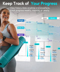 Woman using Bluetooth Body Tape Measure With App 60 Inch Retractable Locking Tape near fitness graph, smiling, holding yoga mat.