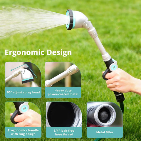 Person using 16 Inch Long Reach Watering Wand With 90 Degree Head Thumb Control And 6 Spray Patterns for garden watering.