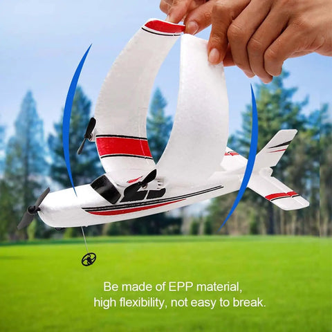 Hand holding Beginner Friendly RC Plane With 2.4GHz 2 Channel Control, EPP Foam Glider, showing flexibility and durability outdoors