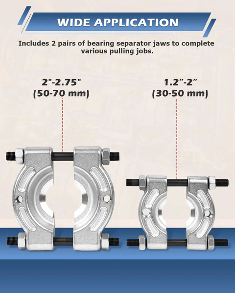 Heavy Duty Bearing Separator Puller Set With 5 Ton Capacity includes 2 and 3 Inch Bearing Splitters shown with dimensions