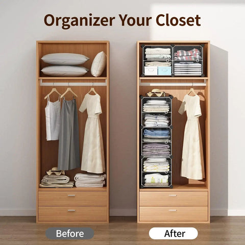 3 Cube Storage Organizer With Doors, Stackable Cubby Shelf For Bedroom And Living Room, illustrating organized closet space