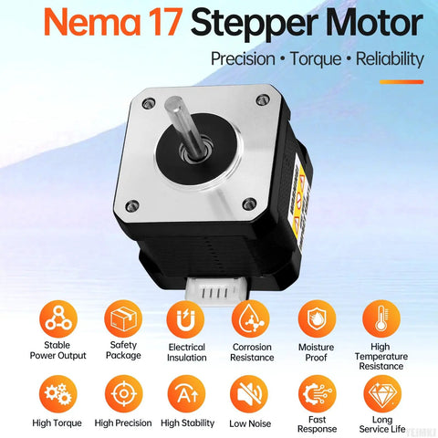 Nema 17 Stepper Motor 2 Phase 1.8 Degree Bipolar 0.47Nm Torque 1.7A Current shown with features like high torque and precision.