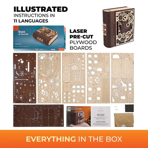 Wooden 3D Puzzle Box For Adults With Steampunk Combination Lock, Book Of Secrets DIY Mechanical Puzzle Kit, kit contents