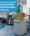Industrial Air Mover 300 CFM With 3 Speed Settings in factory setup next to blue machinery and workers, cardboard box on table in foreground