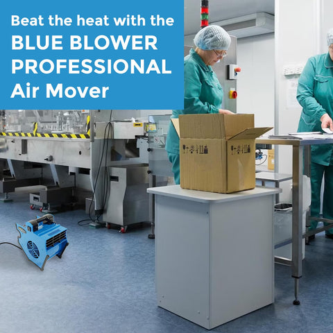 Industrial Air Mover 300 CFM With 3 Speed Settings in factory setup next to blue machinery and workers, cardboard box on table in foreground