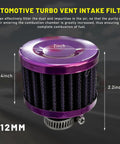 12mm Mini Air Filter For Universal Motor Cold Air Intake Breather Hot Turbo Vent Filter Cleaner, Purple aluminum body, close-up view.