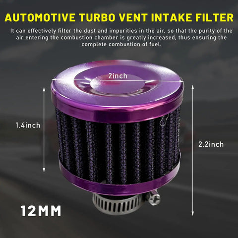 12mm Mini Air Filter For Universal Motor Cold Air Intake Breather Hot Turbo Vent Filter Cleaner, Purple aluminum body, close-up view.