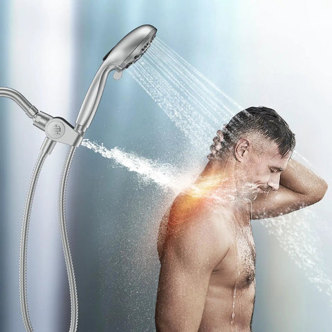 Filtered Shower Head With Handheld Combo Two In One Spa System High Pressure Massage Shower And Ten Mode Hand Held Spray Built In Power Wash Mode Chrome Finish Ideal For Deep Cleaning And Spa Like Relaxation At Home, showing water spray on person.