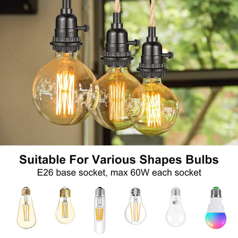 Retro Hanging Pendant Light Cord Kit 27 Ft Triple Bulb With Independent Switches E26 Socket Twisted Hemp Cables For Indoor Use