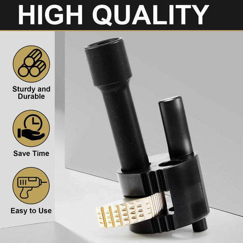 Black and gold finish Tub Drain Removal Extractor Tool for Three Eighths Inch Ratchet with text, sturdy and durable.