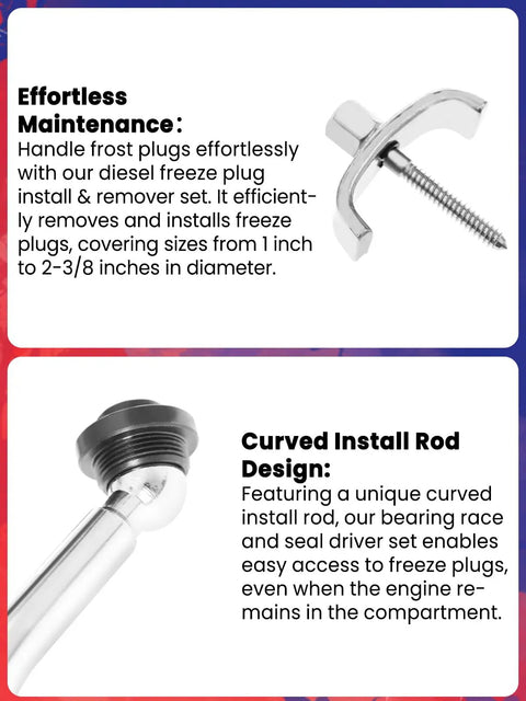 Diesel Engine Frost Plug Installer Remover Kit 10 Piece Pro Grade Heavy Duty shown with 18 inch curved handle