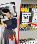 Electrician using Insulated Electrician Screwdriver Set 9 Piece 1000V With Voltage Tester on electrical panel and ceiling wiring.