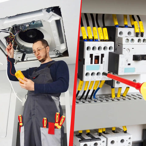Electrician using Insulated Electrician Screwdriver Set 9 Piece 1000V With Voltage Tester on electrical panel and ceiling wiring.