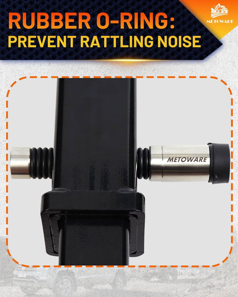 Stainless Steel Trailer Hitch Lock That Locks It Down For Class III And IV Hitches Five Eighths Inch Pin Fits Two Inch And Two Point Five Inch Receivers Heavy Duty Anti Theft Receiver Lock With Eight Anti Rattle O Rings And Waterproof Cap shown installed with rubber O-rings.