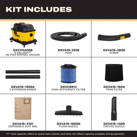 Kickass Cordless Wet Dry Shop Vacuum With Sick Suction And Six Gallon Tank For Jobsite Garage Cleanup kit includes vacuum, hose, filters, and accessories.