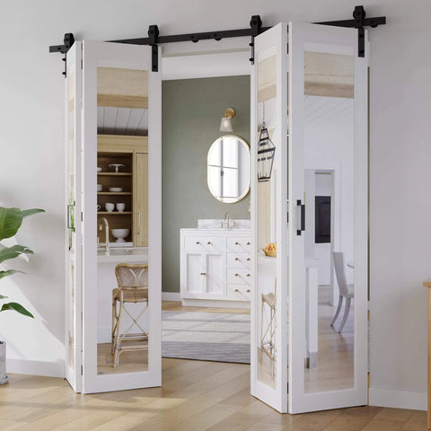 Mirror Panel Bifold Barn Door Kit With Sliding Hardware For Narrow Closets, 56 Inch Width By 84 Inch Height, Pre Drilled Slab
