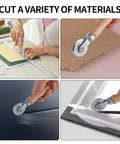 Double End Box Scoring Tool with Dual Rollers cutting cardboard and metal sheets, precision crease maker in use on various materials.