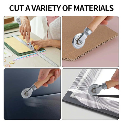 Double End Box Scoring Tool with Dual Rollers cutting cardboard and metal sheets, precision crease maker in use on various materials.