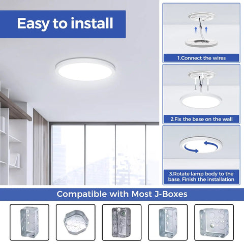 Flush Mount Ceiling Light Fixtures 24W Flat LED Ceiling Light 6000K 2200LM Ultra Thin Round White Lamp installation guide.