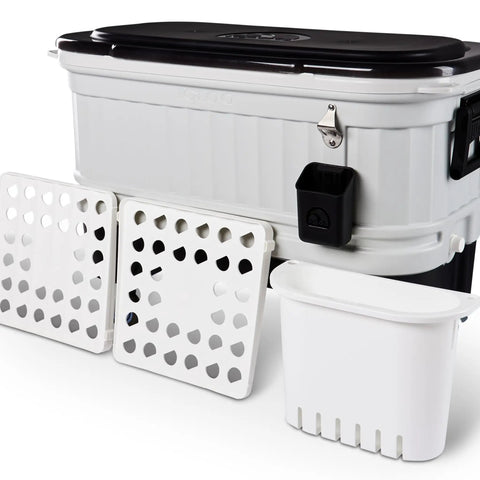 125 Qt Gray Party Bar Wheeled Cooler With Ultratherm Insulation Removable Lid That Converts To Open Air Beverage Tub displayed