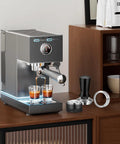 54mm Espresso Accessories Kit with distribution tool and spring loaded calibrated tamper dosing funnel and barista grade coffee distributor leveler for Breville 54mm machines and portafilters elevate your espresso shots and brew game beside coffee machine