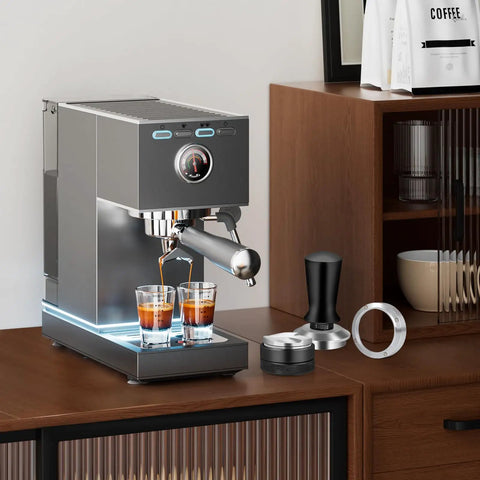 54mm Espresso Accessories Kit with distribution tool and spring loaded calibrated tamper dosing funnel and barista grade coffee distributor leveler for Breville 54mm machines and portafilters elevate your espresso shots and brew game beside coffee machine