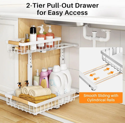 Super Sturdy Two Tier Under Sink Organizer With Adjustable C Shape Base And Smooth Pull Out Rollers displaying two-tier pull-out shelf filled with cleaning supplies and towels.