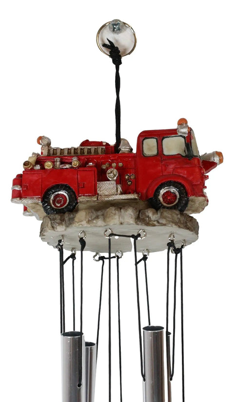 Red Fire Engine Wind Chime For Patio And Garden Decor Fire Fighter Theme Fire Truck Model With Hydrants 20 Inch Tall Resin
